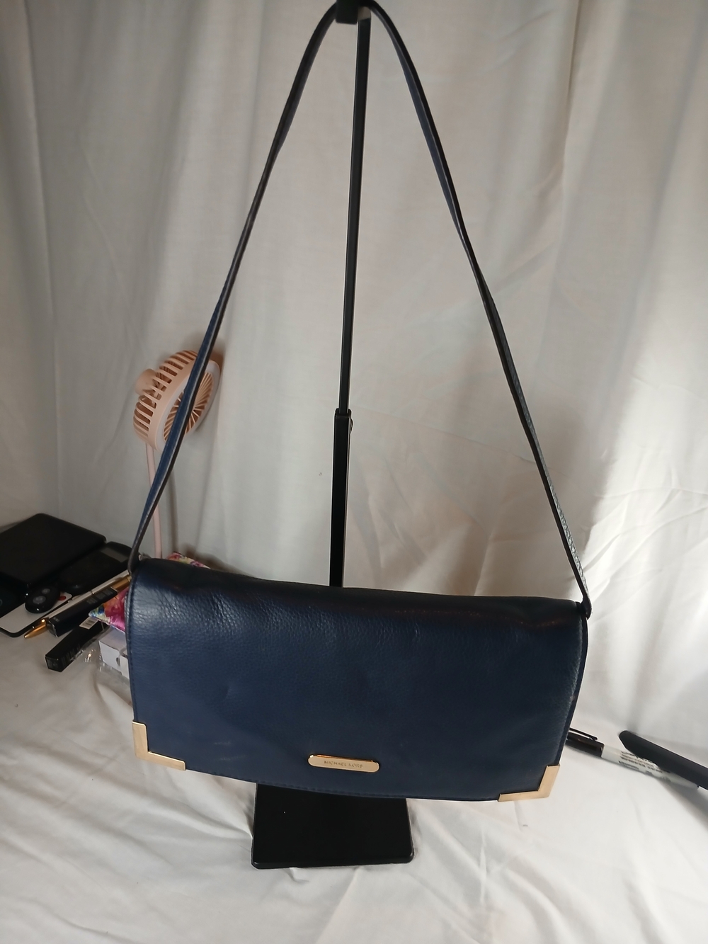 Michael Kors Leather Crossbody/Clutch Bag In Navy With Gold Hardware
